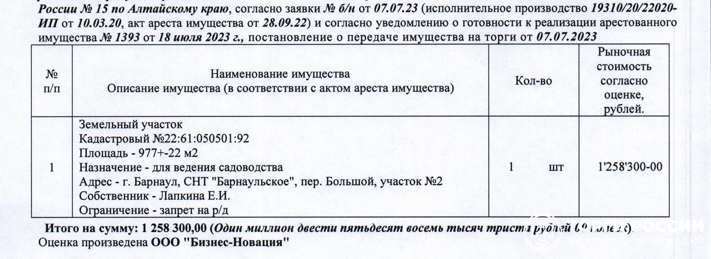 Лот№7 Земельный участок, назначение – земли населенных пунктов для ведения  садоводства, кадастровый № 22:61:050501:92, площадь 977+/-22 кв.м., адрес:  Алтайский край, г. Барнаул, СНТ «Барнаульское», пер. Большой, участок № 2.  Начальная цена 1